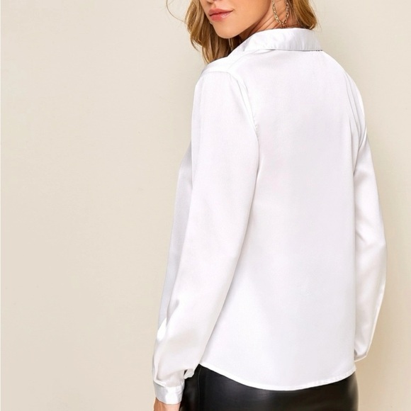 Luxe white casual button down satin shirt - Picture 3 of 16